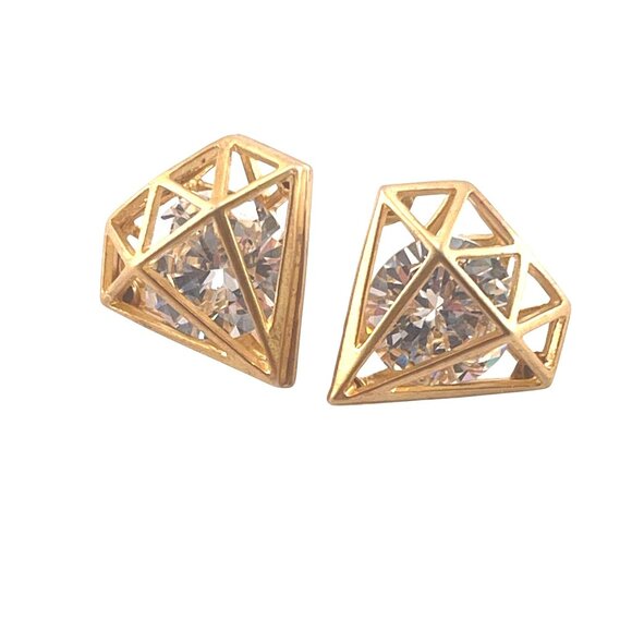 Geometric Crystal Stud Earrings With Gold-Tone Cage Design - Picture 2 of 7